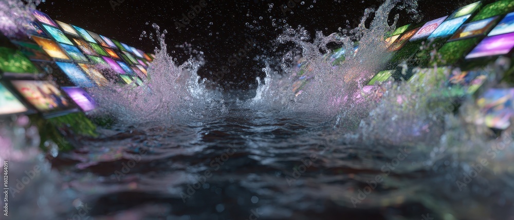 Poster digital waterfall with cascading smart display content in flowing motion