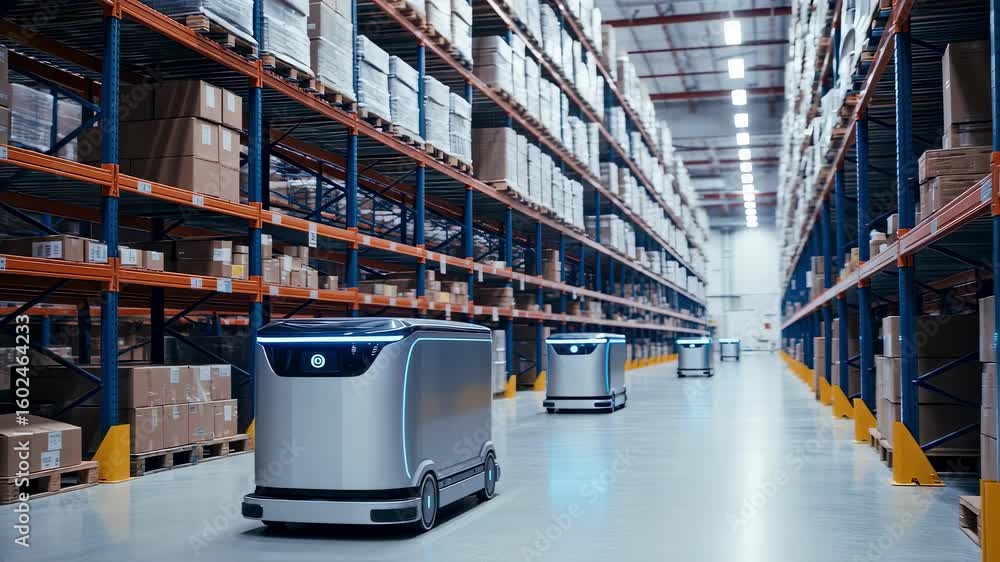 Poster driverless transport robot operating in distribution center environment.