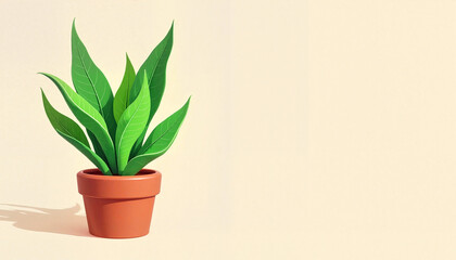 Stylized green plant in terracotta pot on plain background with copy space for decoration