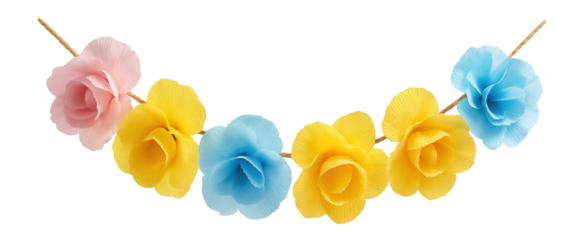 Paper flower garland featuring colorful crepe paper blooms, great for a child's playroom.