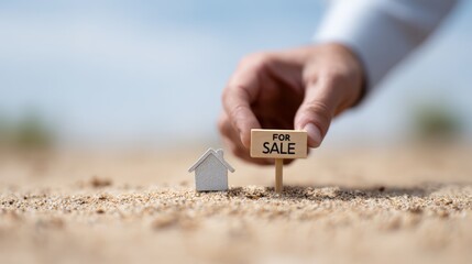 Real estate agent is placing a miniature for sale sign next to a small house model on a sandy surface, symbolizing the process of selling a property