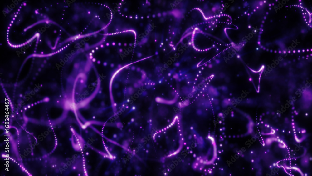 Poster abstract glowing purple lines swirling through dark space, creating an energetic digital visual with
