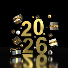 A 3D illustration of "2026" in gold text on a black reflective background, surrounded by floating gift boxes and shiny spheres, perfect for New Year celebrations.