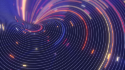 Abstract purple and blue swirl with glowing neon lines and scattered light accents, forming a dynamic, futuristic spiral pattern