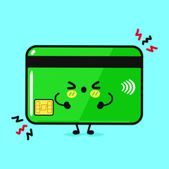 A cartoon credit card expressing emotion with contactless payment features on a blue background.