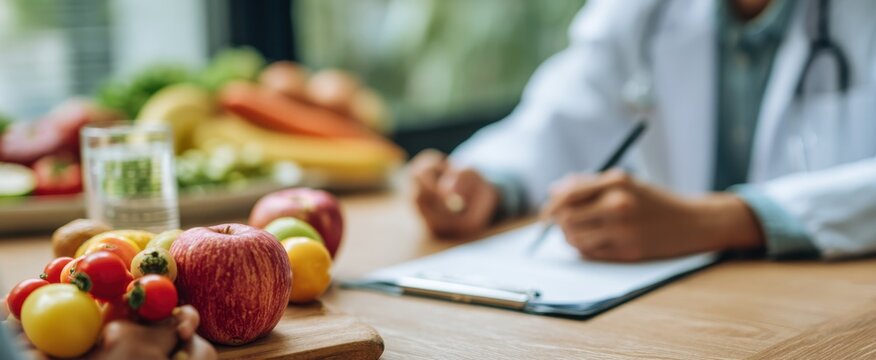 A healthcare professional prescribes a healthy diet, surrounded by fresh fruits and vegetables, emphasizing wellness and nutritional guidance.
