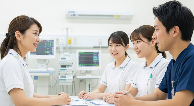 ナースステーションでカンファレンスをする看護師