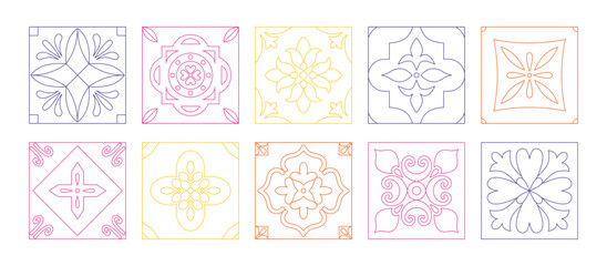 Linear vintage Mediterranean tiles. Hand drawn line art. Flower power. Geometric ornate flowers. Colorful mosaic. Arabic contour. Coloring book. Vector.