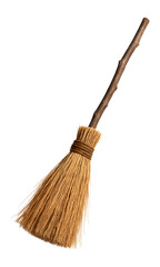 A hanging witch's broom made of straw and twigs, suitable for leaning against the wall in the entryway of a home for a whimsical touch.