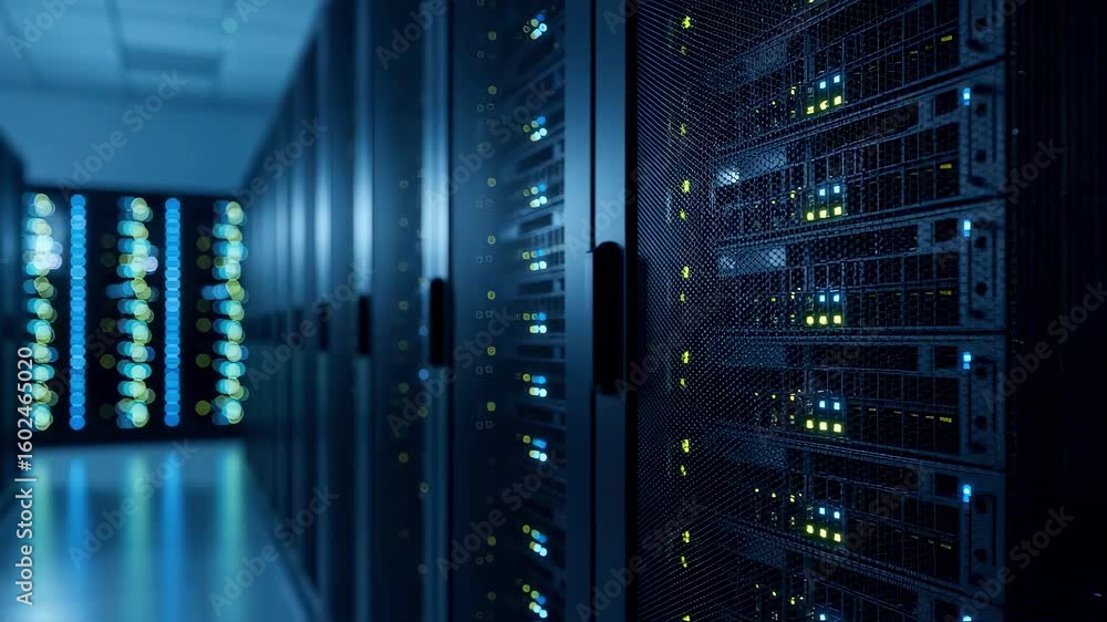 Poster dimly lit data center aisle highlighting advanced server technology and digital connectivity.