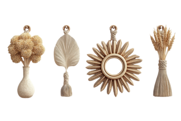 Four handmade bohemian wall decor items in beige on a transparent background showcase
