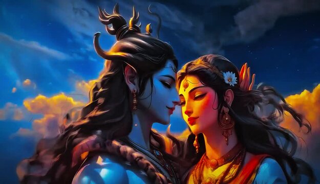 Divine beings Shiva and Parvati intimately gazing at each other, affectionately embracing. Hindu gods symbolizing ultimate love, spiritual union in a mystic sky. Mythology, religion, India. Full Moon