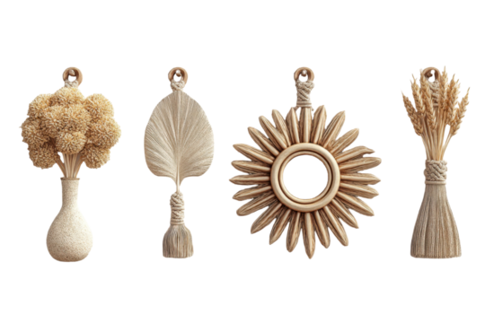 Four handmade bohemian wall decor items in beige on a transparent background showcase