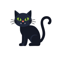 Cute black cat with green eyes and curled tail, Halloween-style vector illustration. Perfect for spooky decor, greeting cards, or magical character design