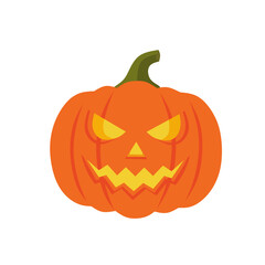 Spooky Halloween pumpkin with scary glowing face, carved jack-o'-lantern style. Flat vector cartoon illustration perfect for holiday decorations or greeting cards