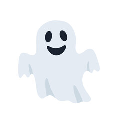 Cute cartoon ghost with smiling face, floating on white background. Fun Halloween-style illustration, perfect for spooky design, party decor, or kids’ themes