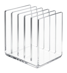 Transparent acrylic book organizer with a sleek appearance, perfect for a contemporary living room.