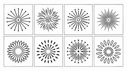 Eight Black Starburst Designs on White Background explosion
