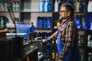 Salesman working at the cash register in an auto parts store