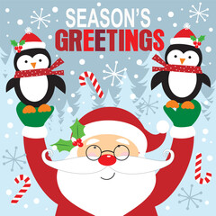 Season's Greetings Christmas card with Santa and penguins