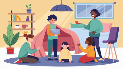 Children building blanket fort in cozy living room while parents supervise. Kids playing indoors in creative play space, warm family bonding in home interior.

