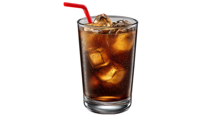 Tall glass of cola with ice and straw isolated on transparent background