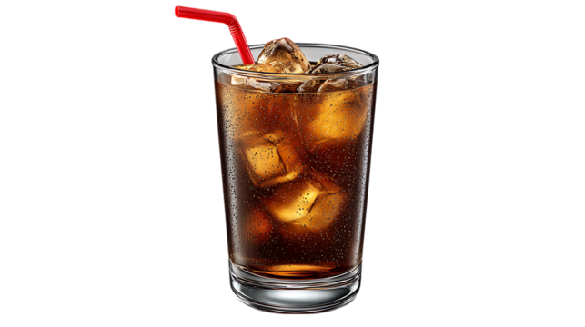 Tall glass of cola with ice and straw isolated on transparent background