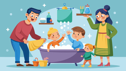 Parents bathing kids at home, children splashing in bathtub, happy family laughing together in bathroom.