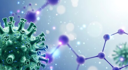 Microscopic view of virus particles and molecular structure with glowing particles