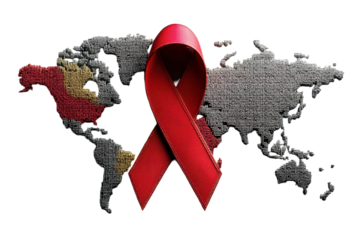 Global HIV awareness: Red ribbon against the backdrop of a world map illustration