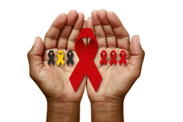Hands offering red, yellow, and black awareness ribbons on a transparent background