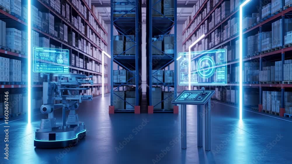 Poster neonlit distribution center showcasing robotic inventory management and interactive digital controls