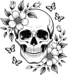 Fototapeta premium Skull with Flowers and Butterflies Illustration