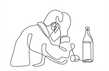 Man with glass and bottle of wine one line continuous line art drawing vector illustration isolated on white background. Character young male drunk at the table on a bar. Editable stroke.Hand drawn