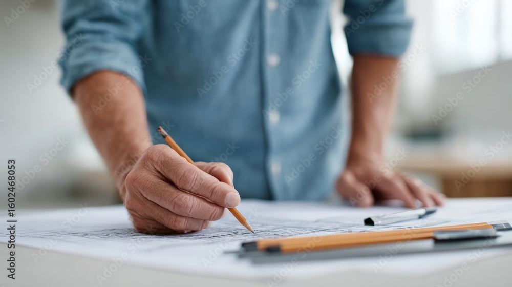 Poster architect working on a new house project drawing building plans on blueprint with pencil, using rule