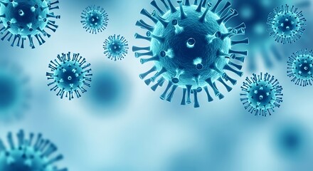 Abstract blue virus particles with spike proteins on a blurred background