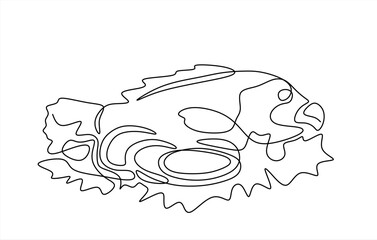 Continuous one line drawing of grilled fish on plate. Roasted seafood dish with lemon and vegetables in simple linear style for restaurant menu. Hand drawn one line vector. Editable stroke	