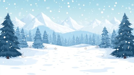 Naklejka premium 107.A serene winter scene depicting a forest blanketed in snow, with distant snow-capped mountains forming the backdrop. The peaceful atmosphere and crisp white snow create a beautiful winter