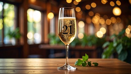 Glass of sparkling champagne with number 21 for 21st anniversary or birthday party