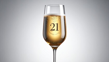 Glass of sparkling champagne with number 21 for 21st anniversary or birthday party