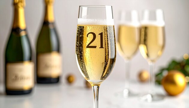 Glass of sparkling champagne with number 21 for 21st anniversary or birthday party