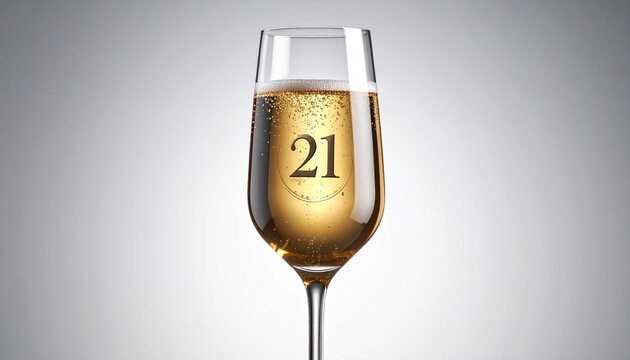 Glass of sparkling champagne with number 21 for 21st anniversary or birthday party