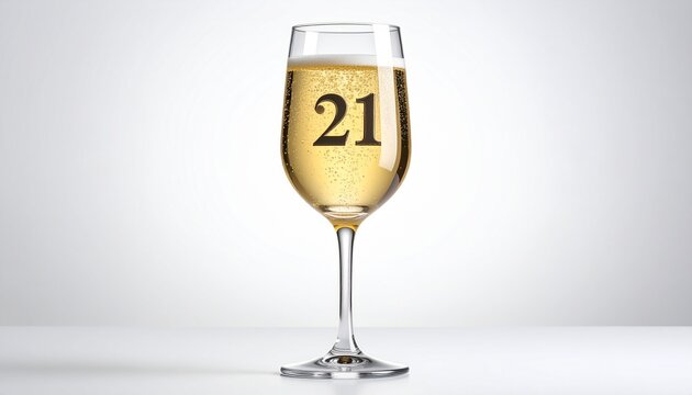 Glass of sparkling champagne with number 21 for 21st anniversary or birthday party