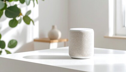 Speaker on White Table in Bright Room with Plant and Vase