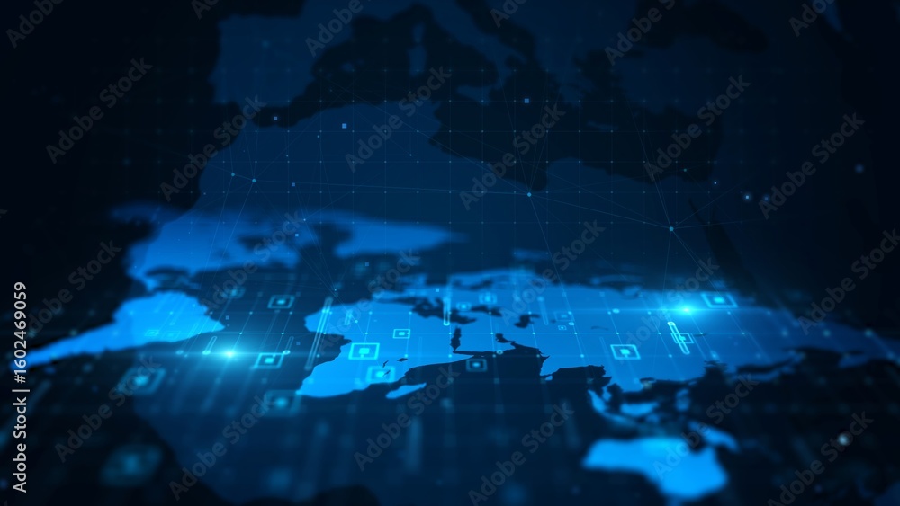 Wall mural futuristic global digital network with glowing blue world map and grid patterns