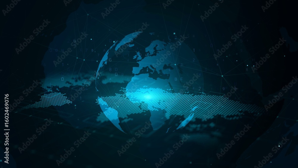 Wall mural digital global network earth in abstract blue with futuristic tech data visualization