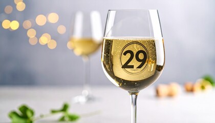 Glass of sparkling champagne with number 29 for 29th anniversary or birthday party
