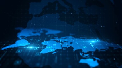 Futuristic Global Digital Network with Glowing Blue World Map and Grid Patterns
