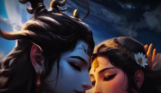 Lord Shiva and Goddess Parvati intimately looking at each other in tender embrace. Powerful Hindu deities symbolizing divine love, harmony in ethereal sky. Mythology, spirituality, religion, India.