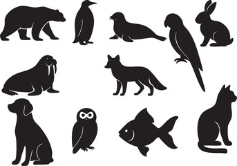 Fototapeta premium Animal Silhouette Clipart Pack – Bear, Penguin, Fox, Owl, Dog, Cat & Wildlife Vectors for Art Projects, Printables, Decor & Digital Graphic Design